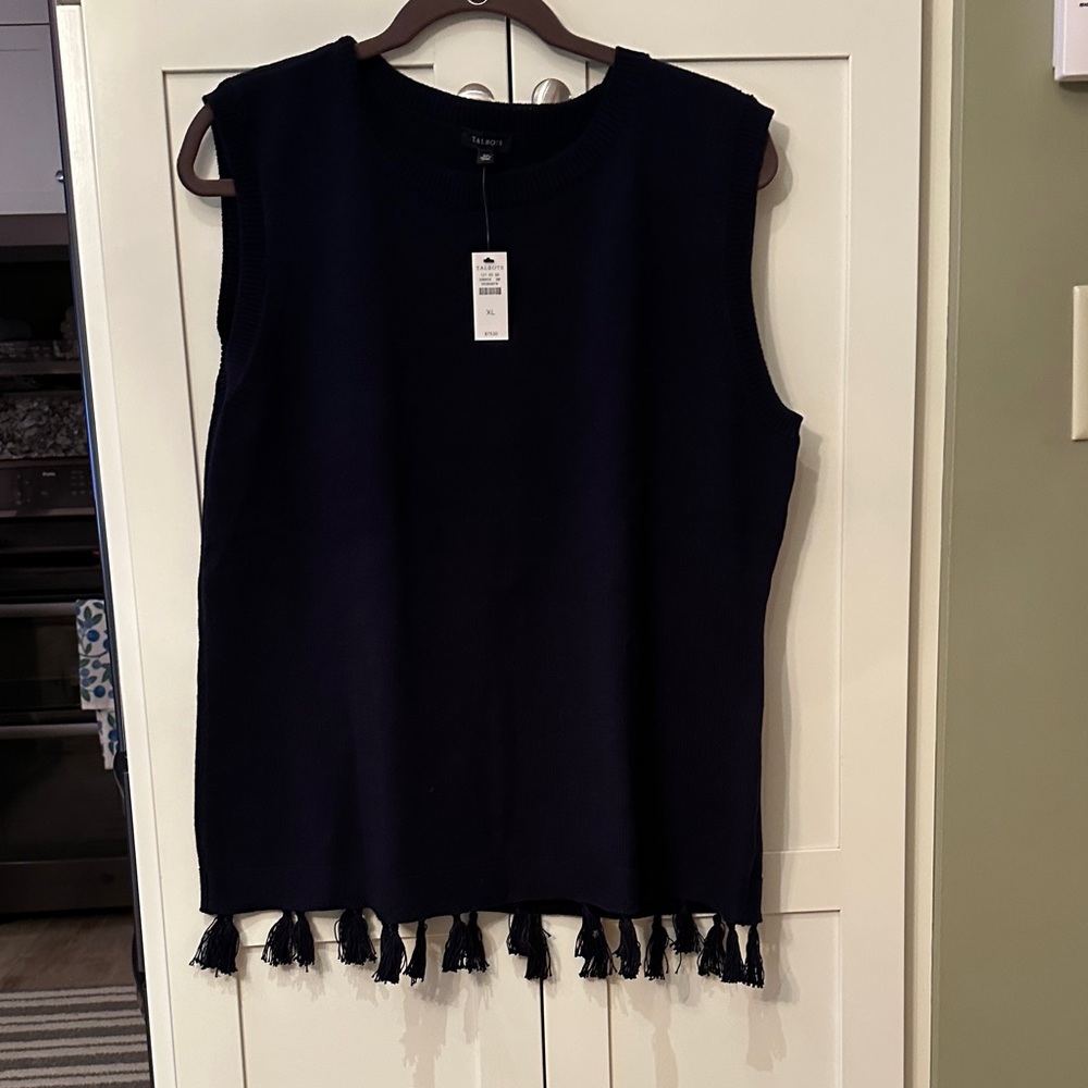 Talbots Navy Sleeveless Top with Tassel Hem